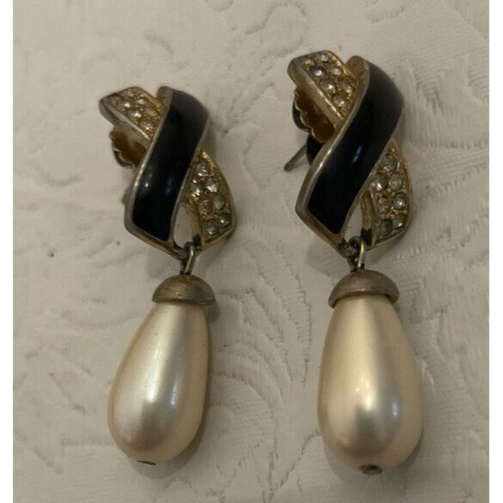 Vintage Dangle Earrings Faux Pearl Drop Enamel Ribbon Pierced posts Rhinestone